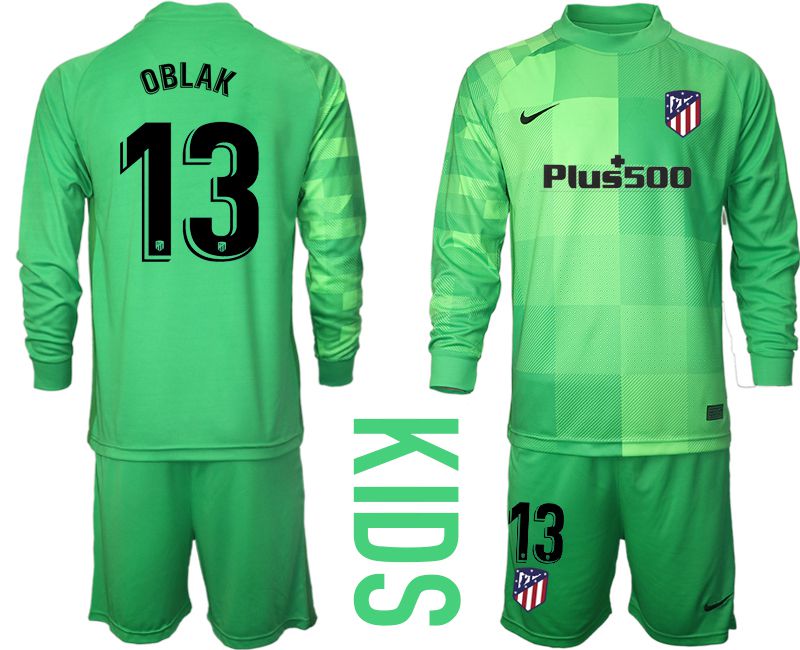 Cheap Youth 2021-2022 Club Atletico Madrid green goalkeeper long sleeve 13 Soccer Jersey